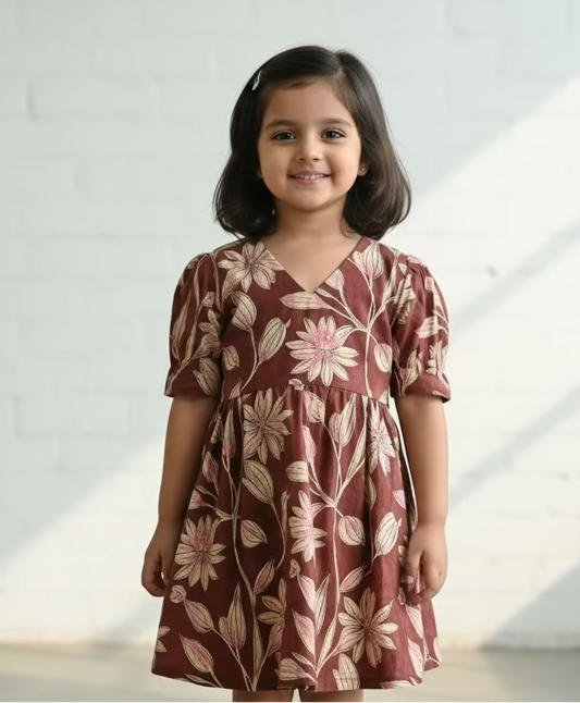 Daughter Brown Floral Frock in Cotton