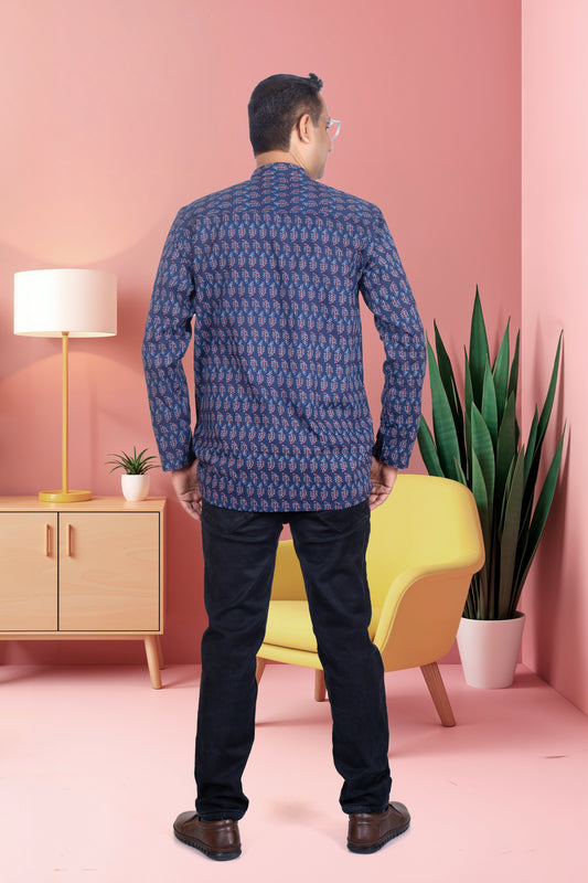 Father Blue Butta Kurta Shirt in Cotton