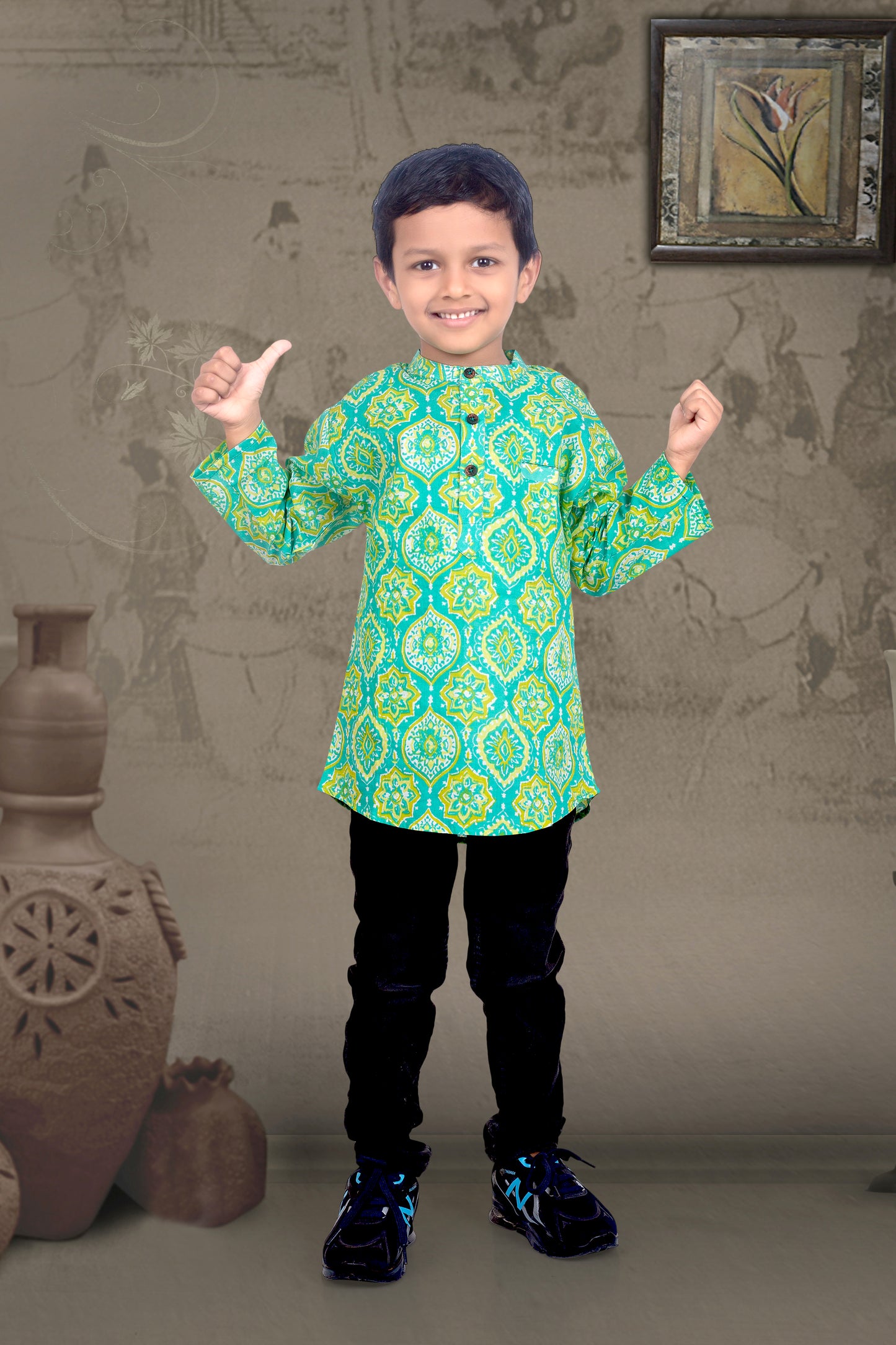 Son Green Printed Kurta Shirt in Cotton