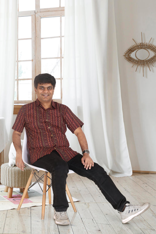 Father Wine Vertical Lines Half Shirt in Cotton