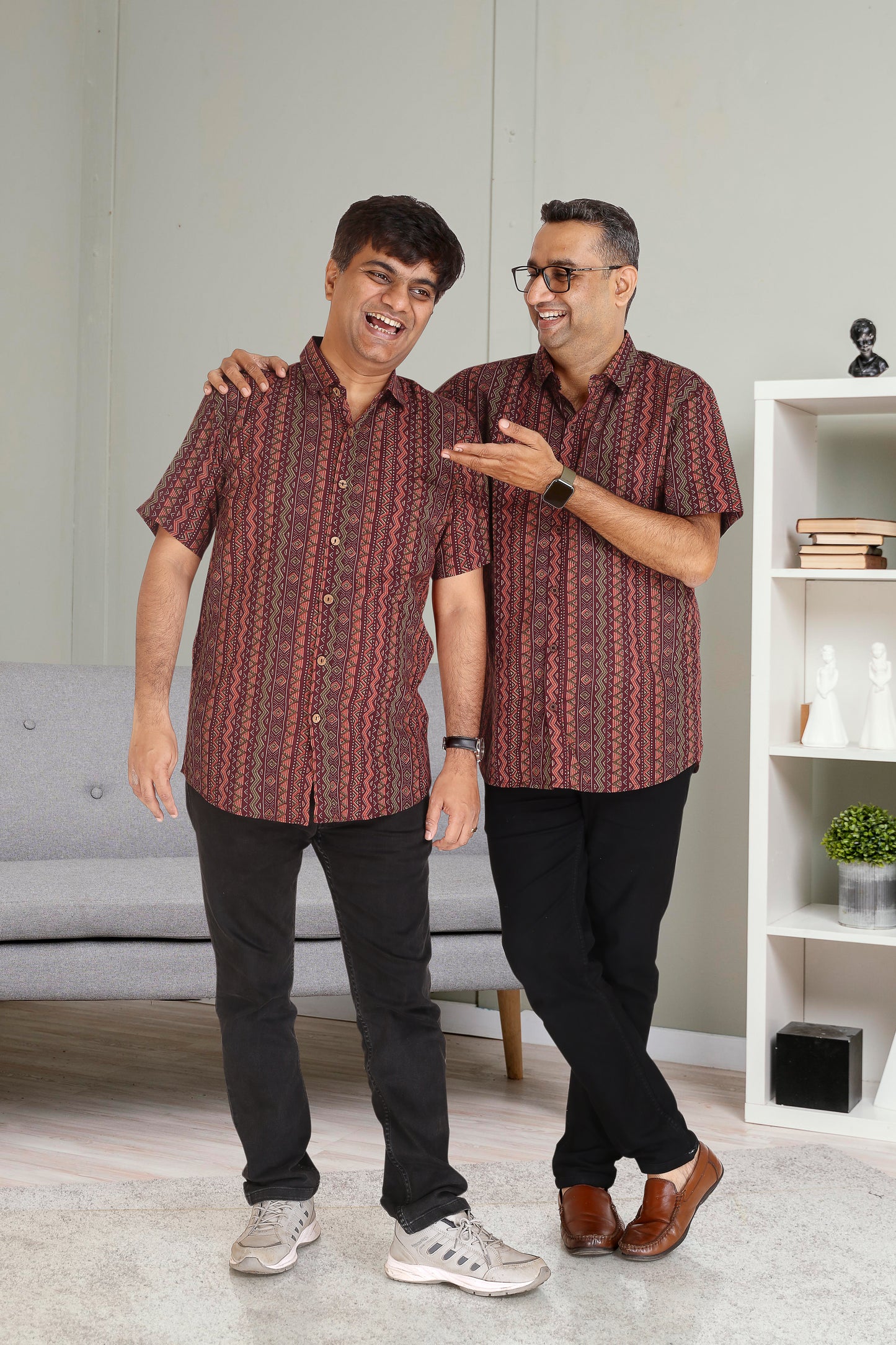 Father Wine Vertical Lines Half Shirt in Cotton