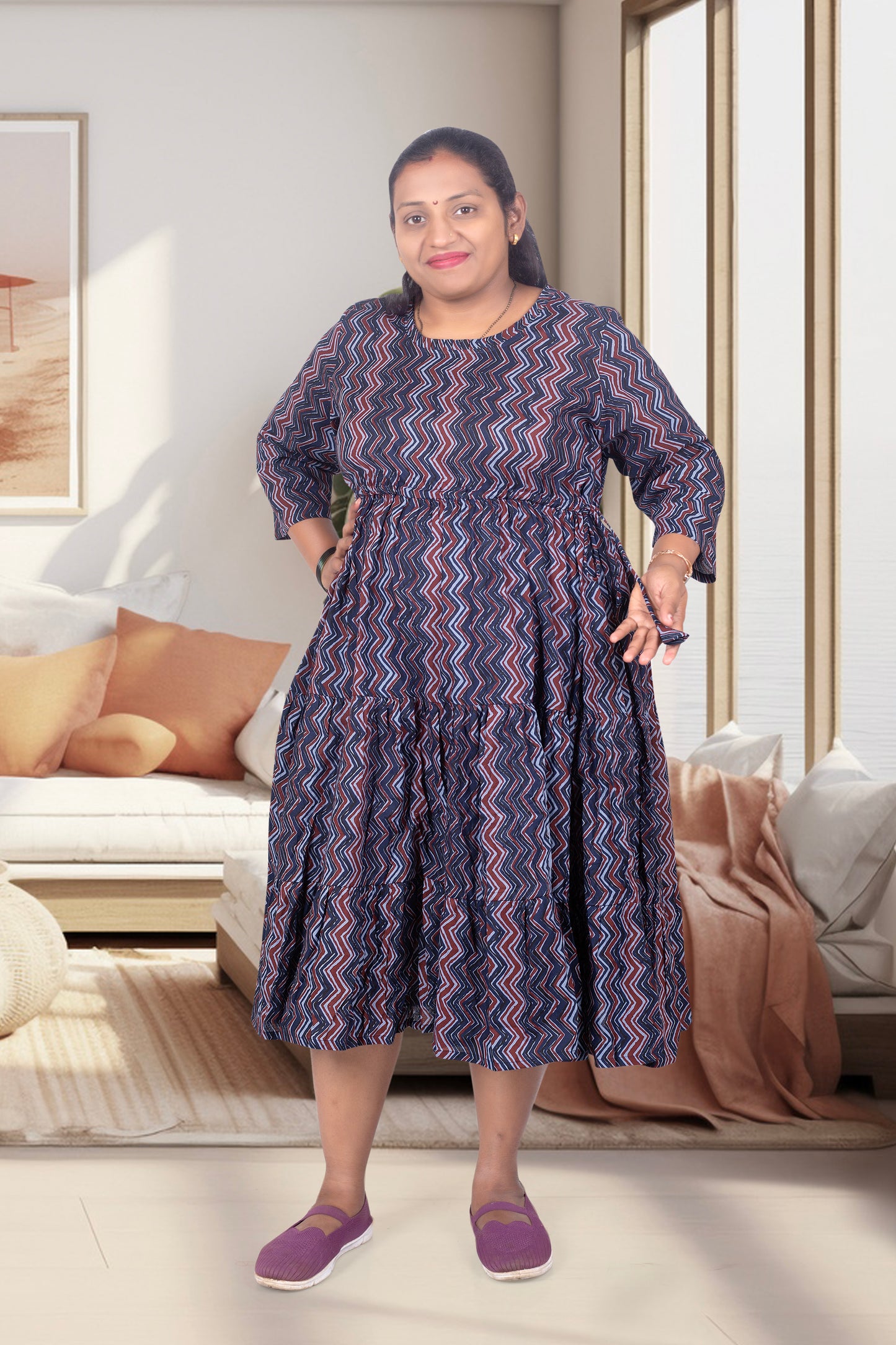 Mother Blue Zigzag Cotton Nadi Dress