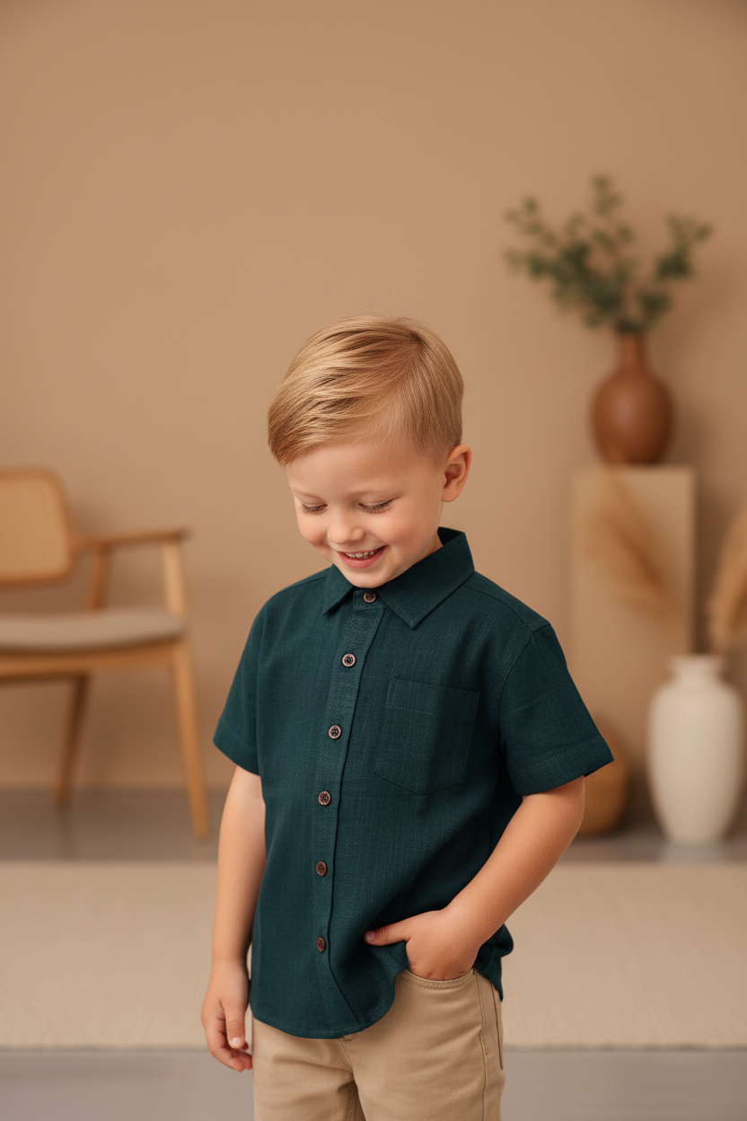 Son Bottle Green Color Color Vertical Shirt in Cotton