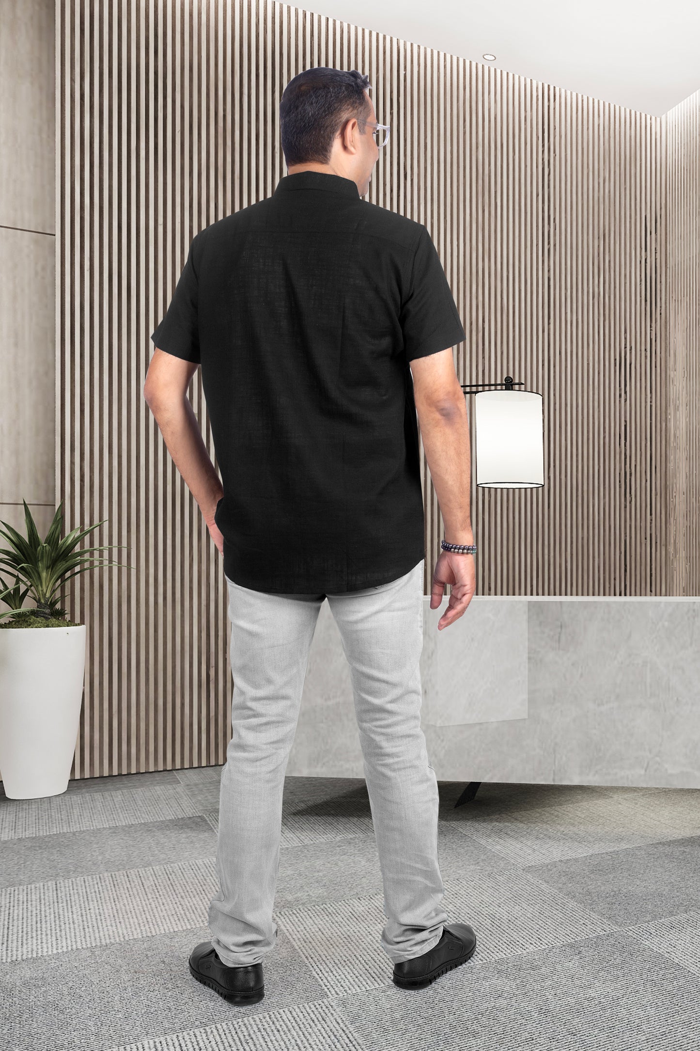 Father Plain Black Half Shirt in Cotton