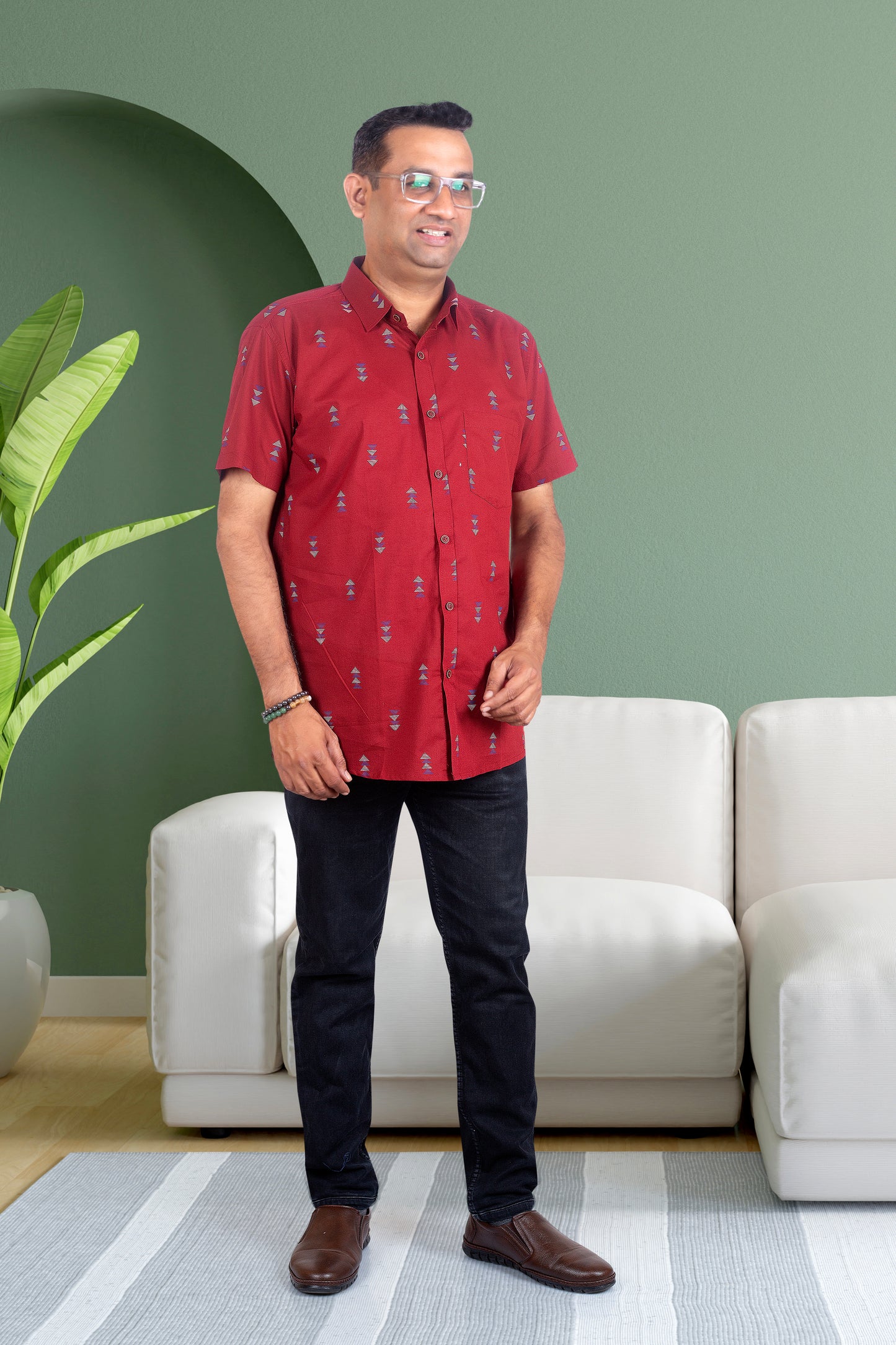 Father Maroon Butta Half Shirt in Cotton