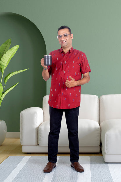 Father Maroon Butta Half Shirt in Cotton