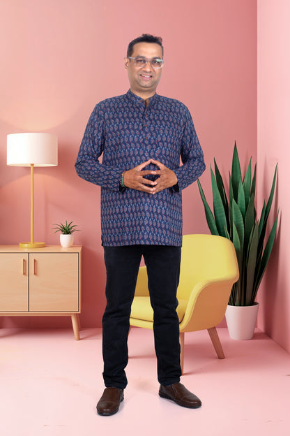 Father Blue Butta Kurta Shirt in Cotton
