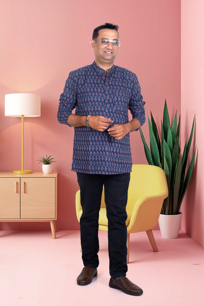 Father Blue Butta Kurta Shirt in Cotton