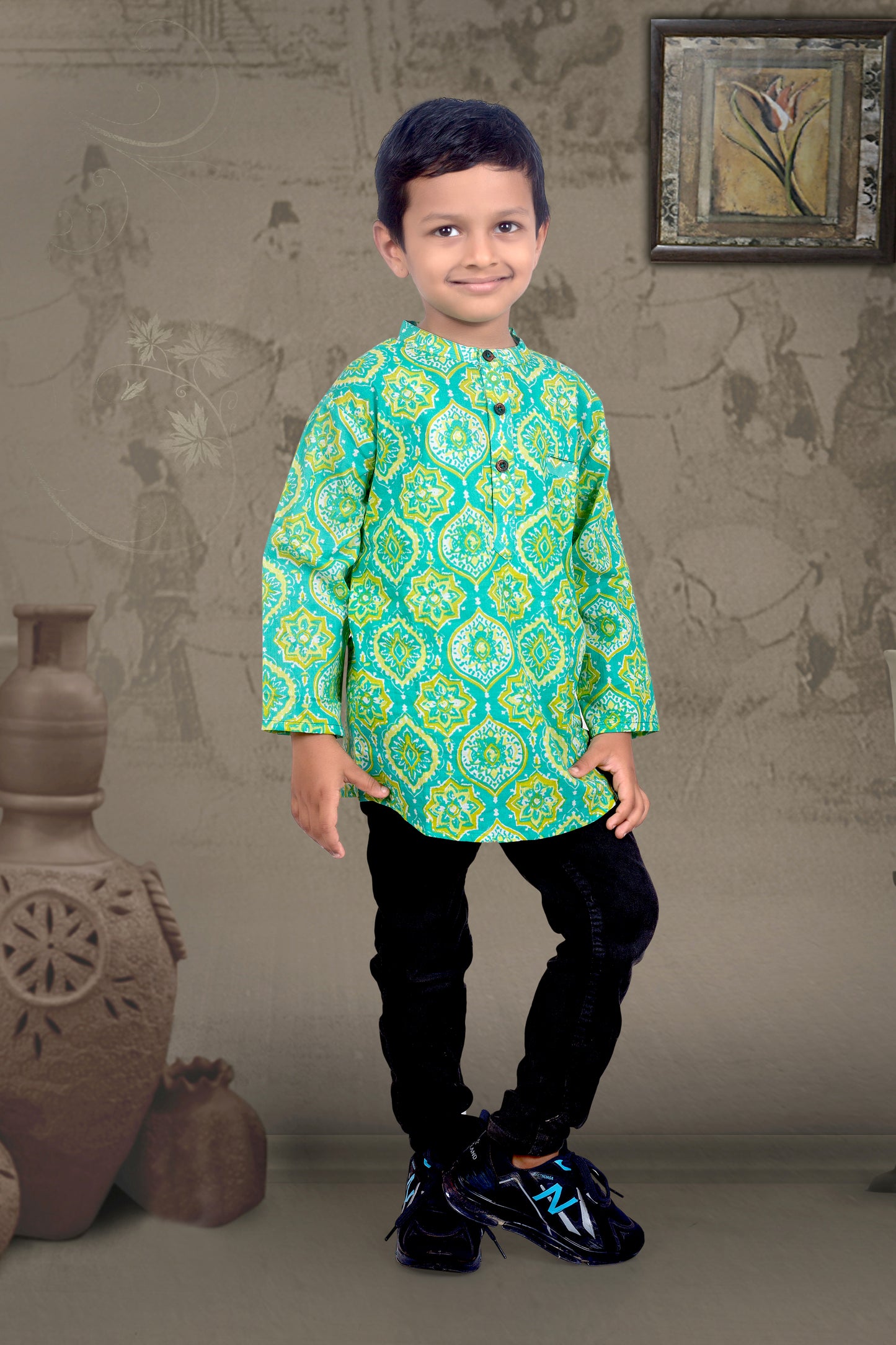Son Green Printed Kurta Shirt in Cotton