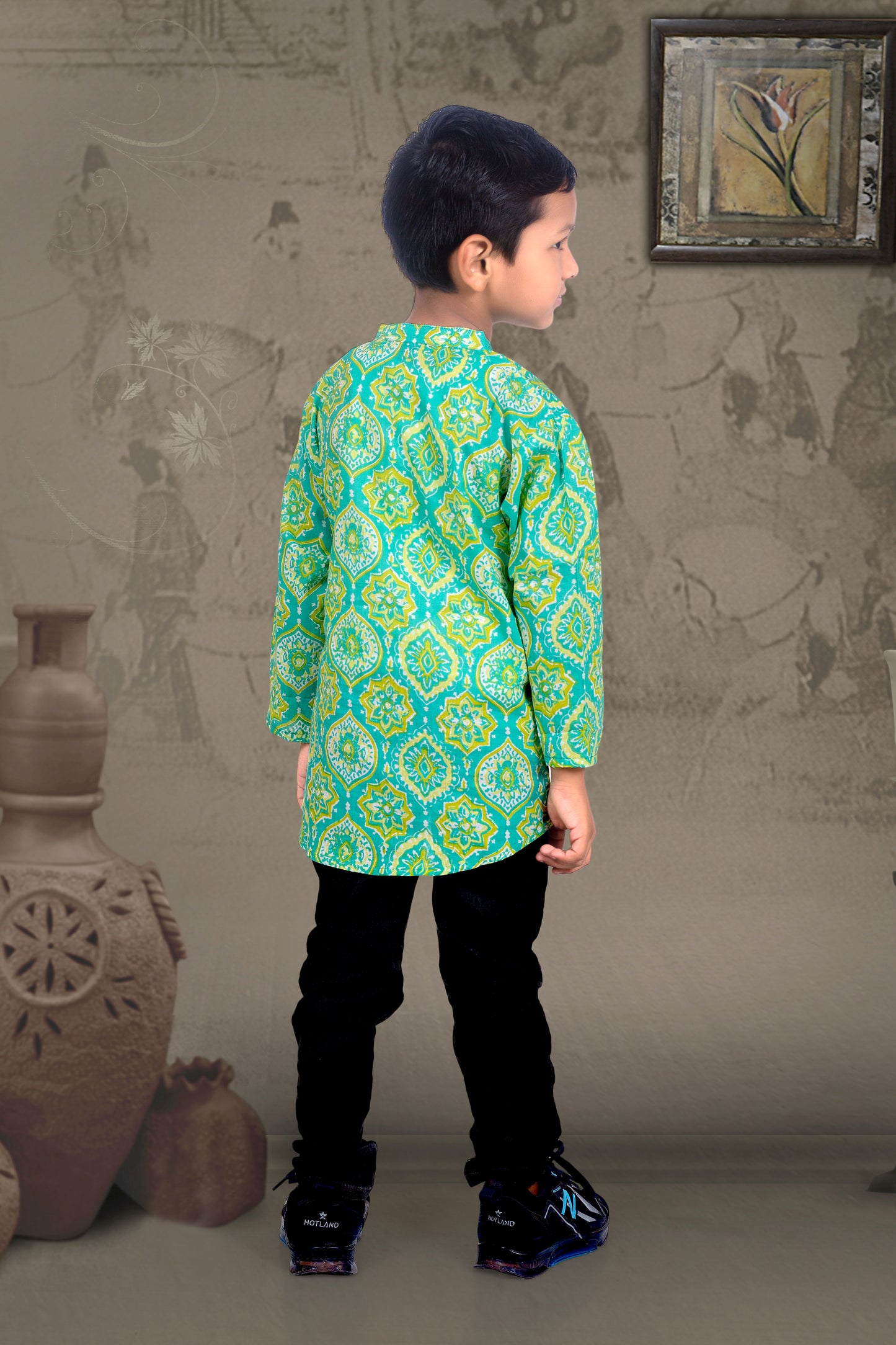 Son Green Printed Kurta Shirt in Cotton