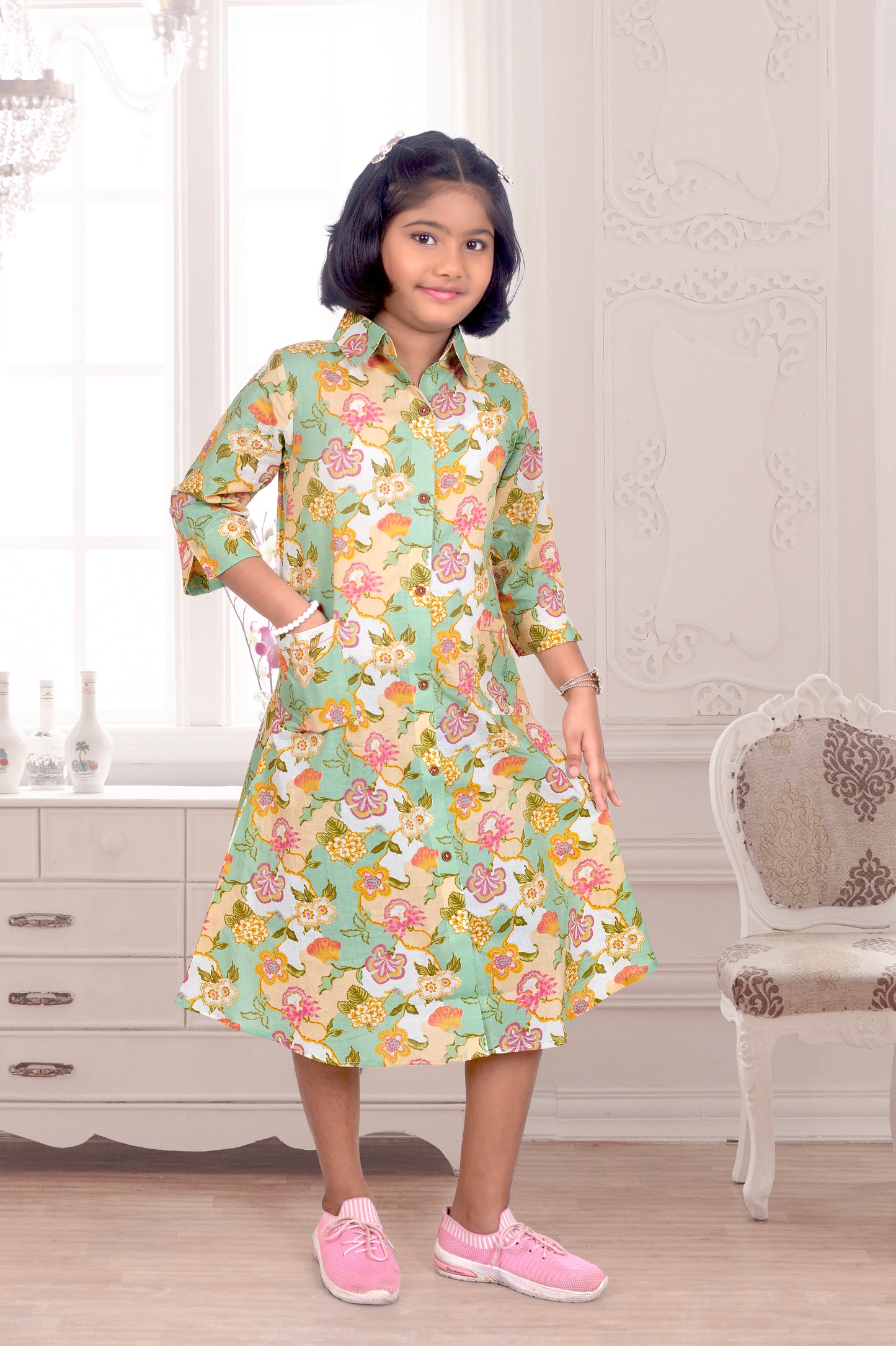 Daughter Green Shirt Dress in Cotton