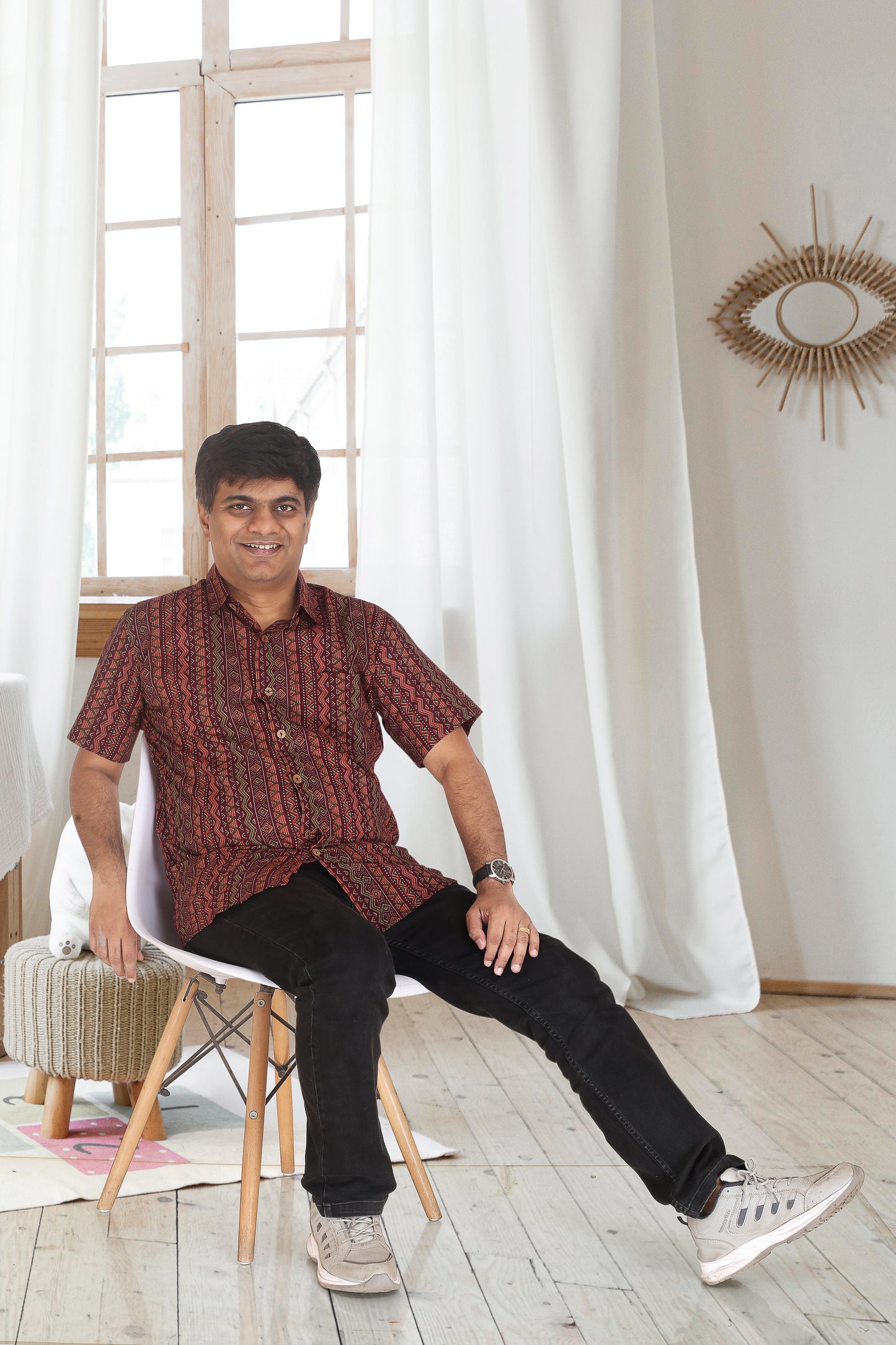 Father Wine Vertical Lines Half Shirt in Cotton