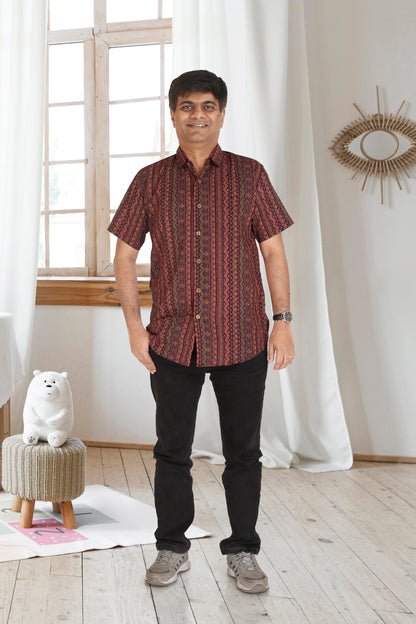 Father Wine Vertical Lines Half Shirt in Cotton