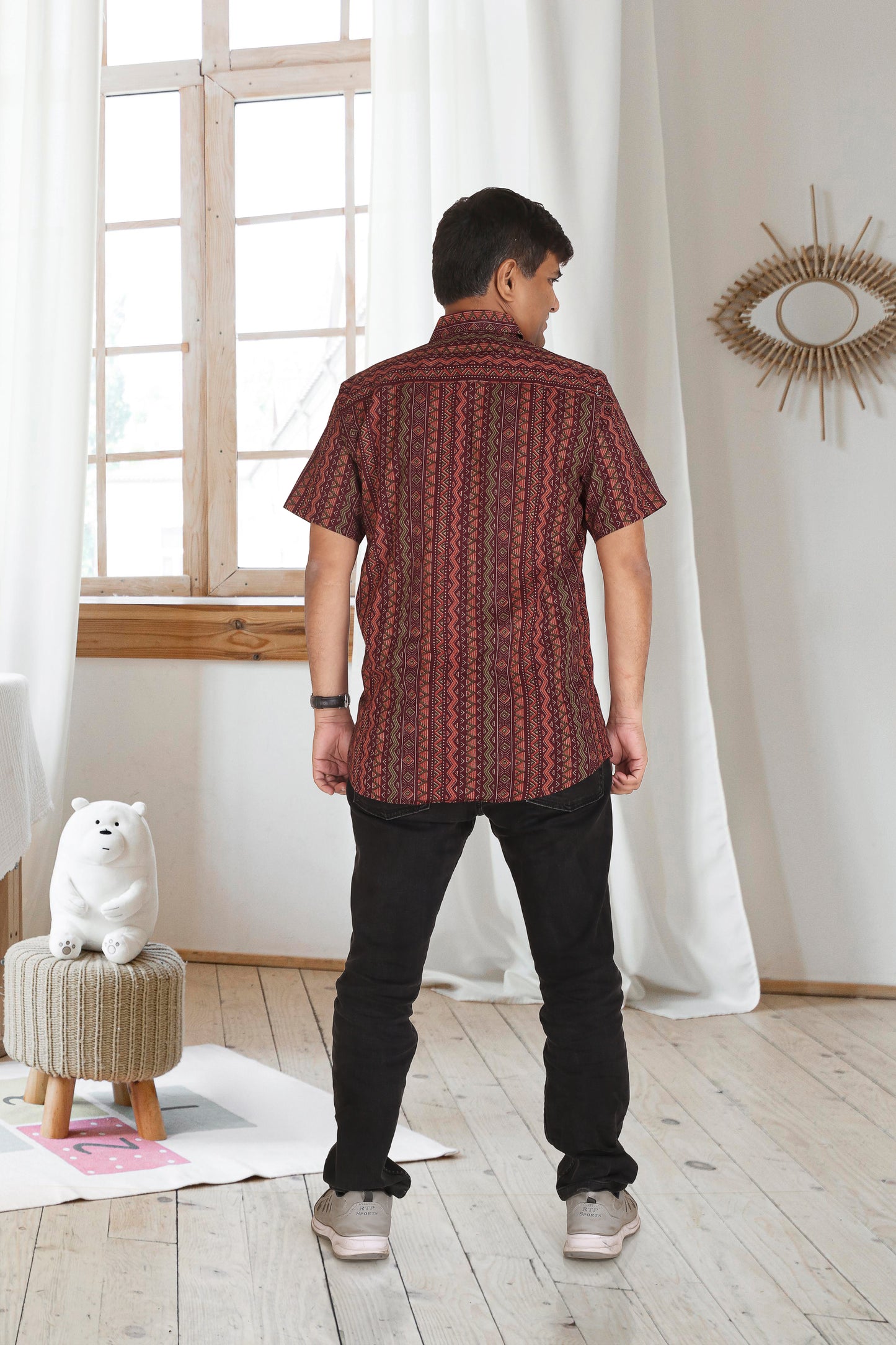 Father Wine Vertical Lines Half Shirt in Cotton