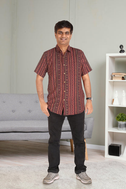 Father Wine Vertical Lines Half Shirt in Cotton