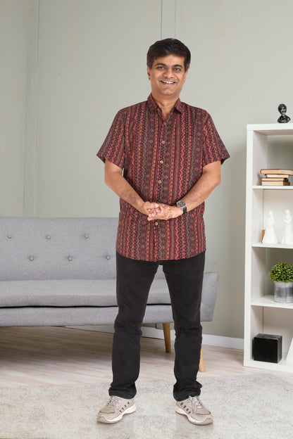 Father Wine Vertical Lines Half Shirt in Cotton