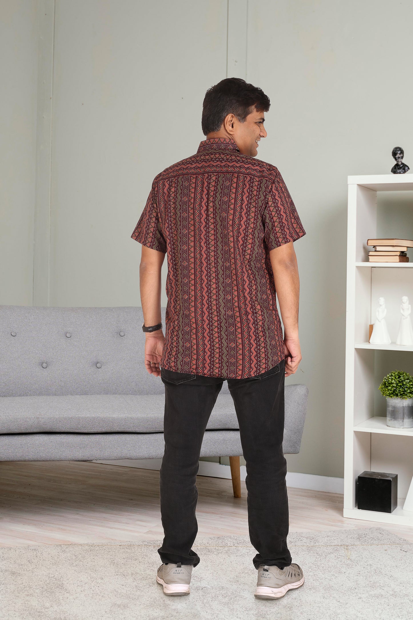 Father Wine Vertical Lines Half Shirt in Cotton