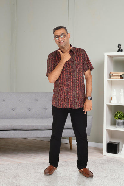 Father Wine Vertical Lines Half Shirt in Cotton