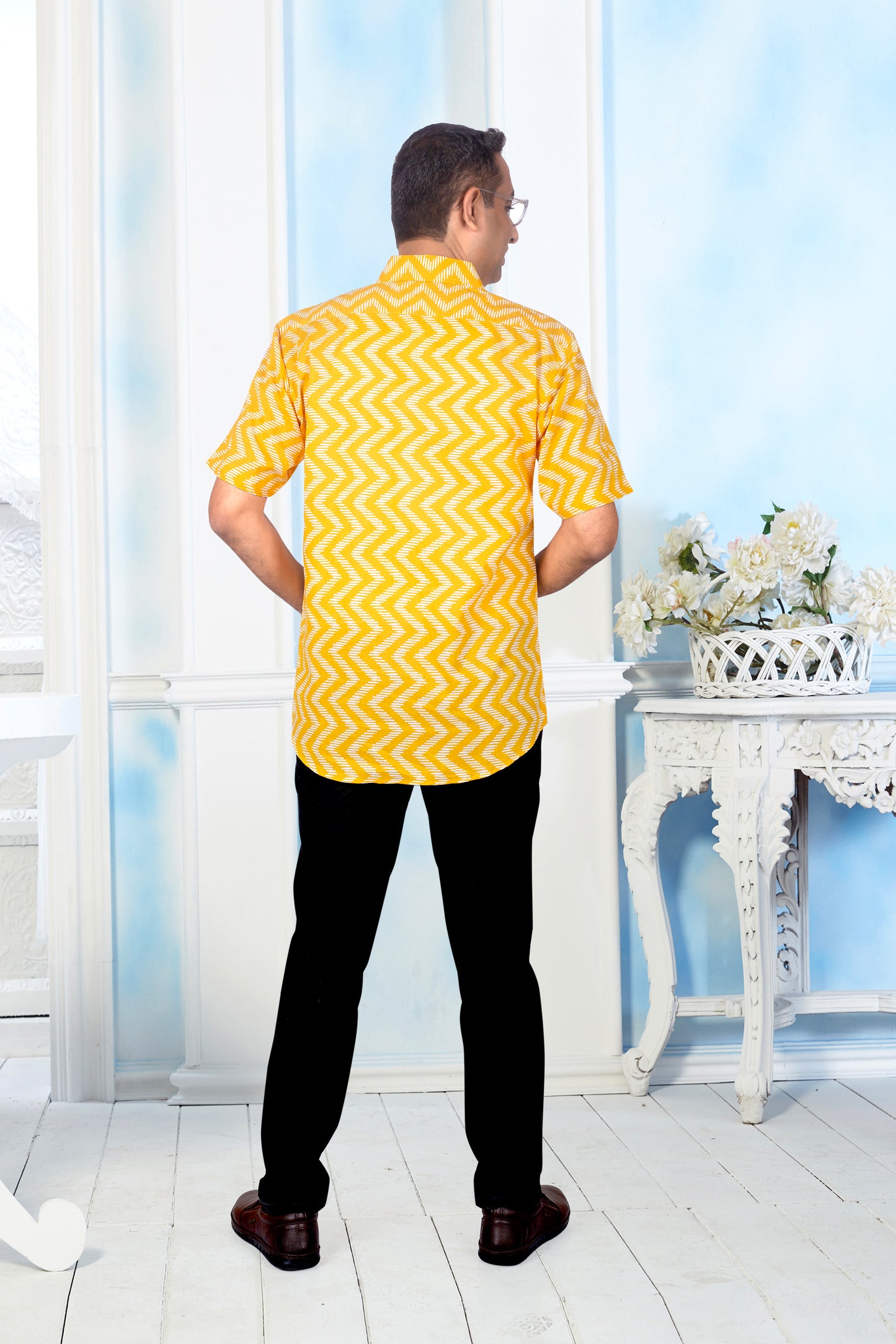 Father Yellow Zigzag Half Shirt in Cotton