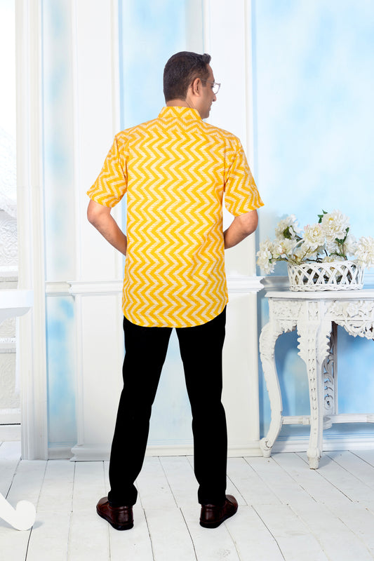 Father Yellow Zigzag Half Shirt in Cotton
