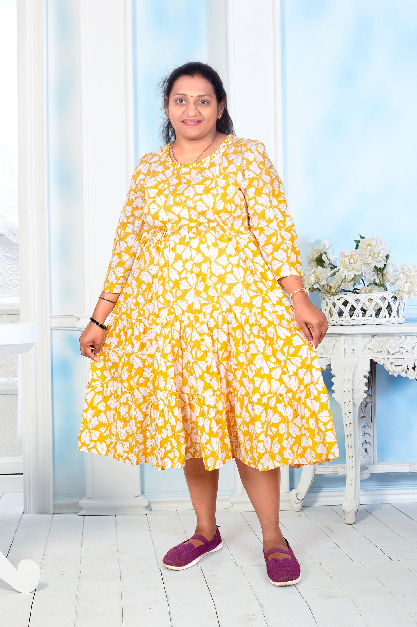 Mother Yellow Flower Cotton Nadi Dress