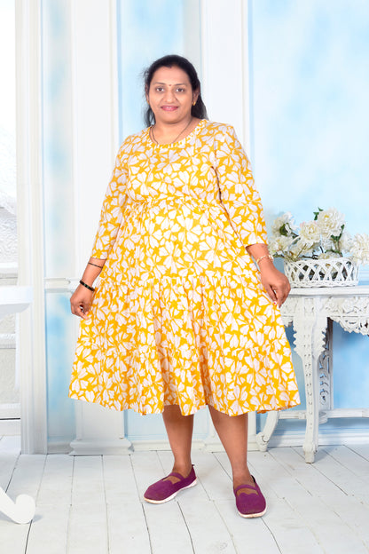 Mother Yellow Flower Cotton Nadi Dress