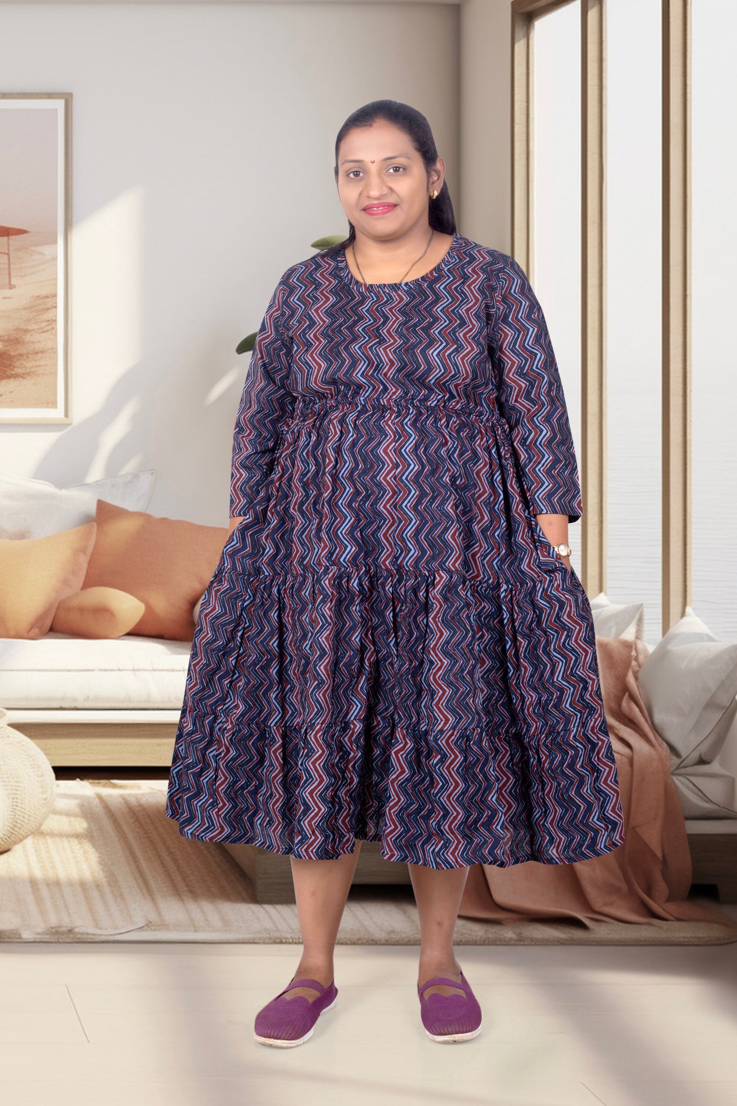 Mother Blue Zigzag Cotton Nadi Dress
