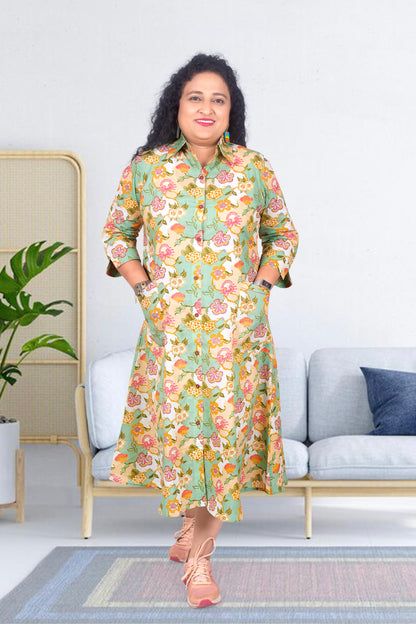 Mother Green Floral Shirt Dress in Cotton