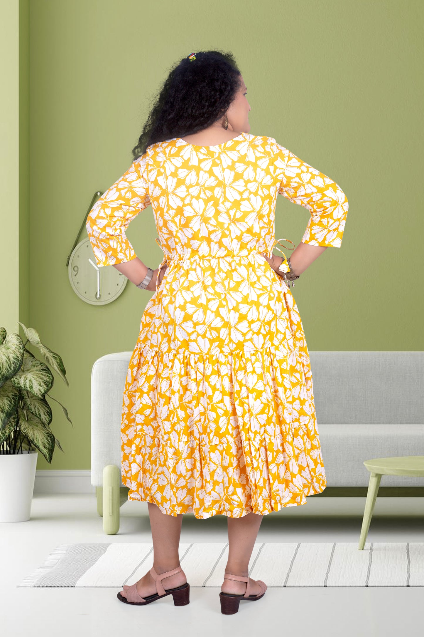 Mother Yellow Flower Cotton Nadi Dress
