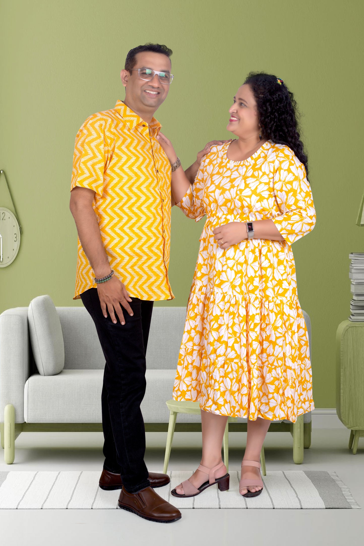 Father Yellow Zigzag Half Shirt in Cotton