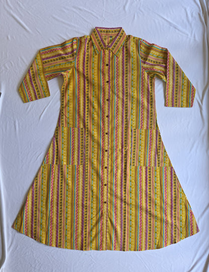 Daughter Yellow Color Vertical Shirt Dress Frock in Cotton