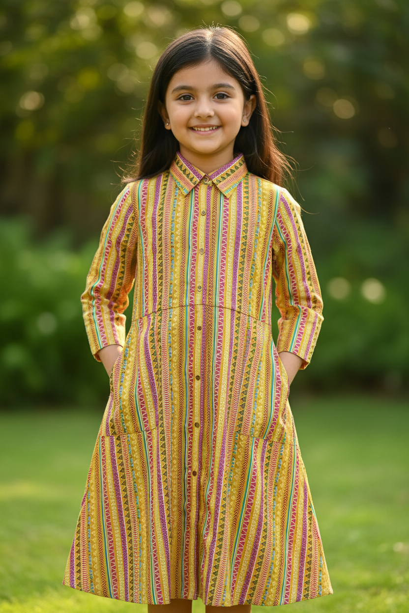 Daughter Yellow Color Vertical Shirt Dress Frock in Cotton