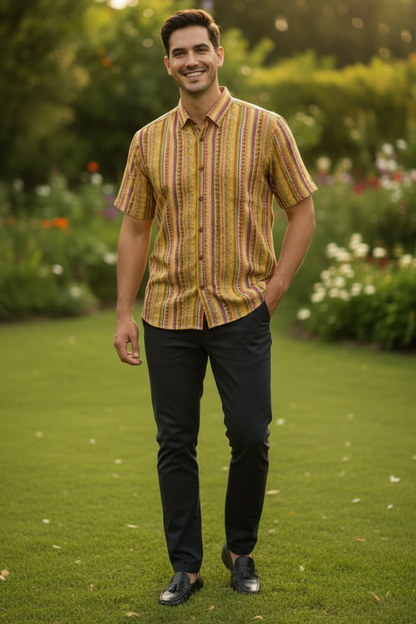 Father Yellow Color Vertical  Half Shirt in Cotton