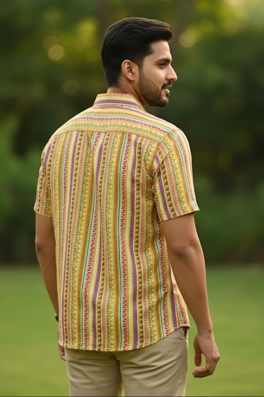Father Yellow Color Vertical  Half Shirt in Cotton