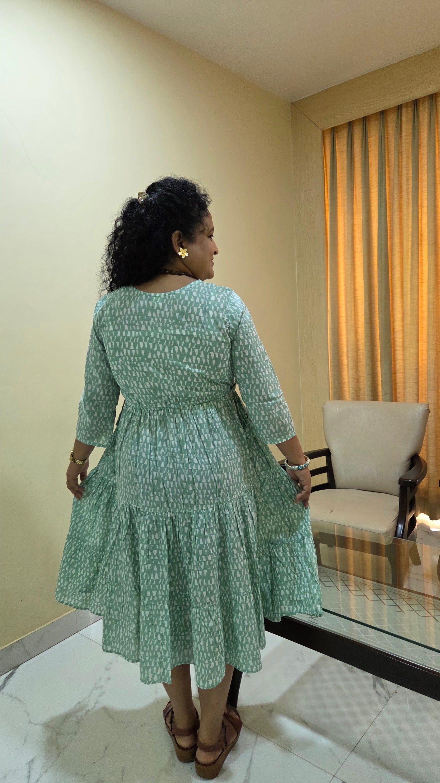 Mother Light Green Color Nadi Dress in Cotton