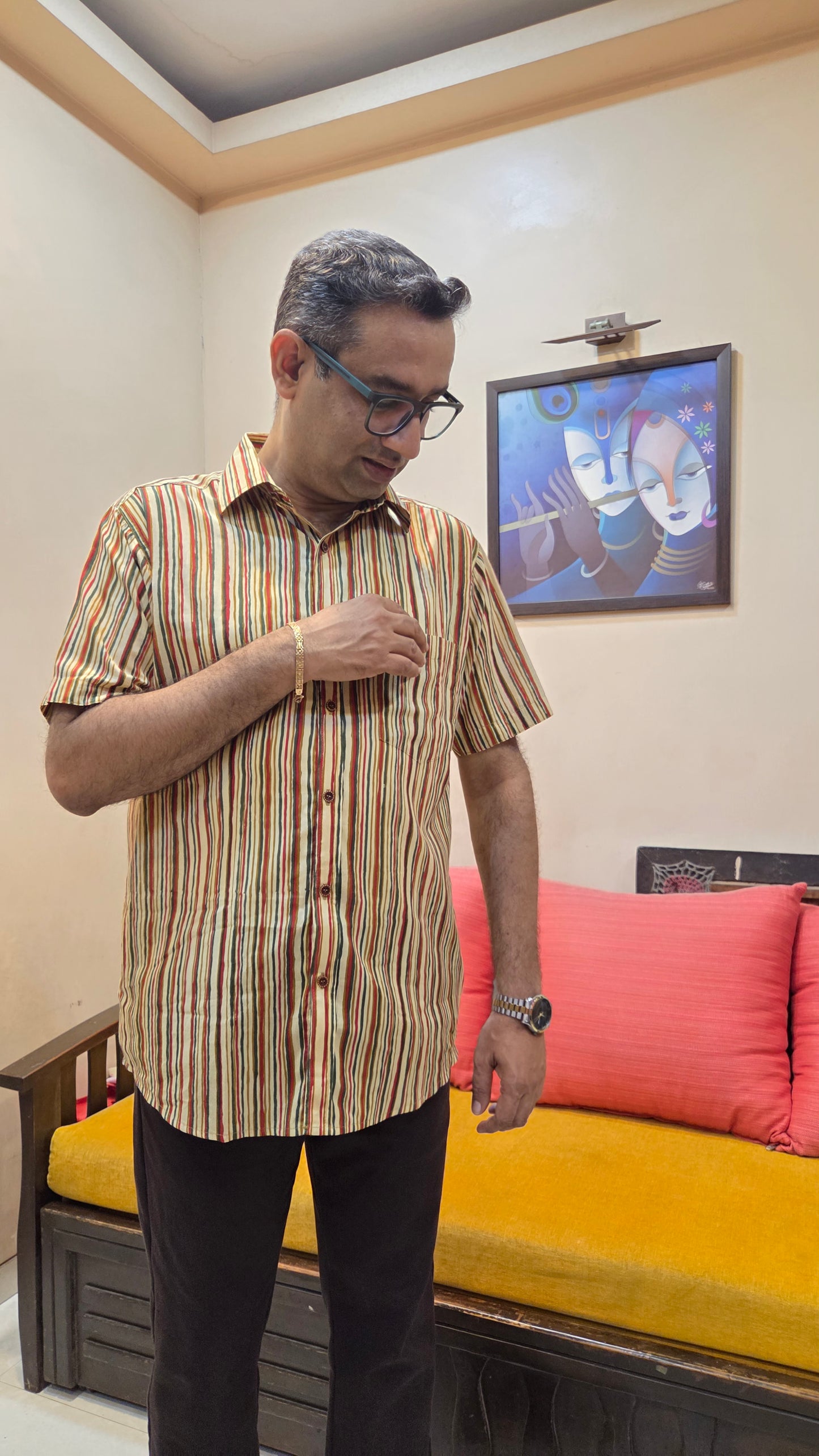 Father MultiLine Color Vertical Half Shirt in Cotton