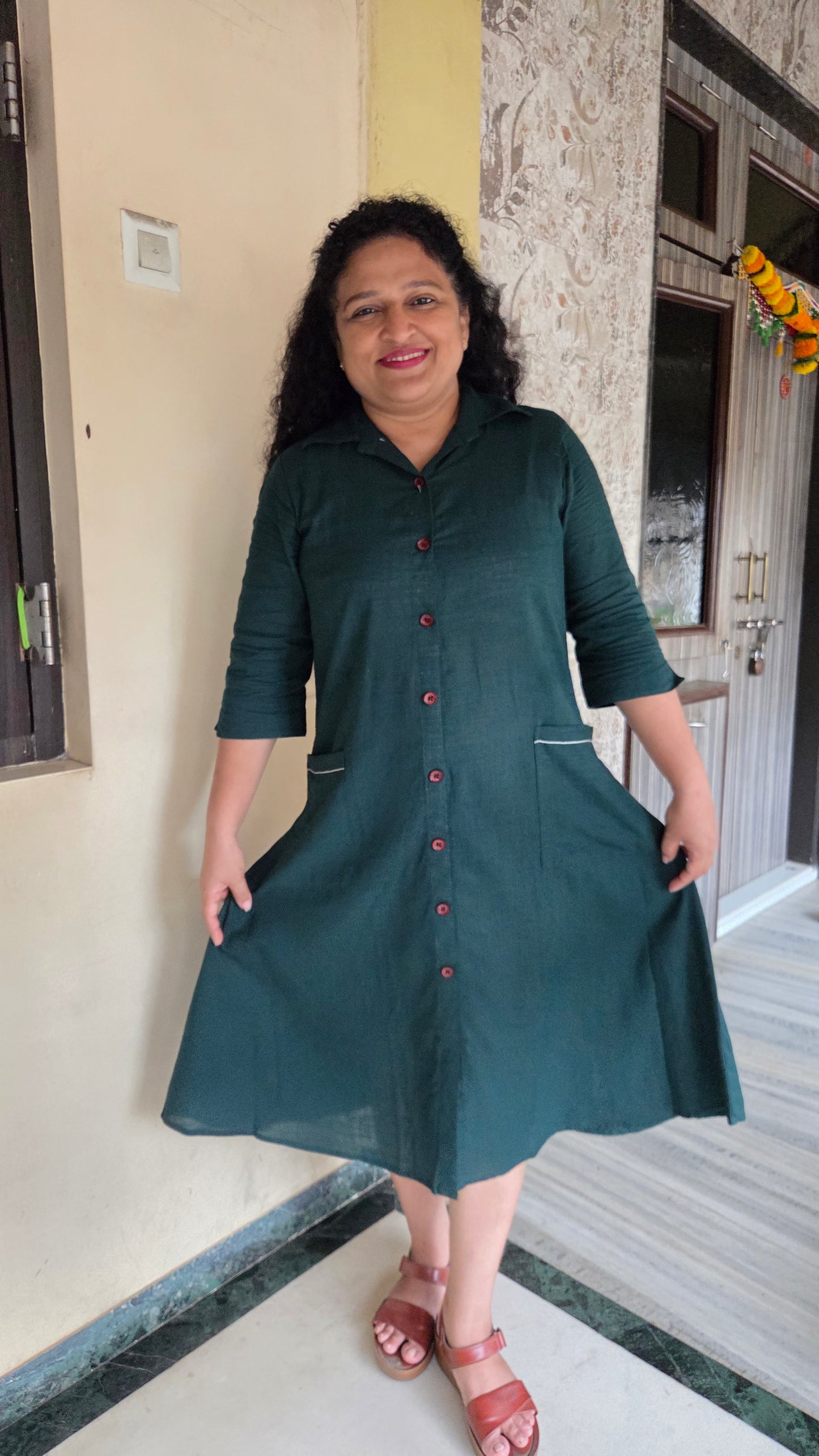 Mother Plain Bottle Green Shirt Dress in Cotton