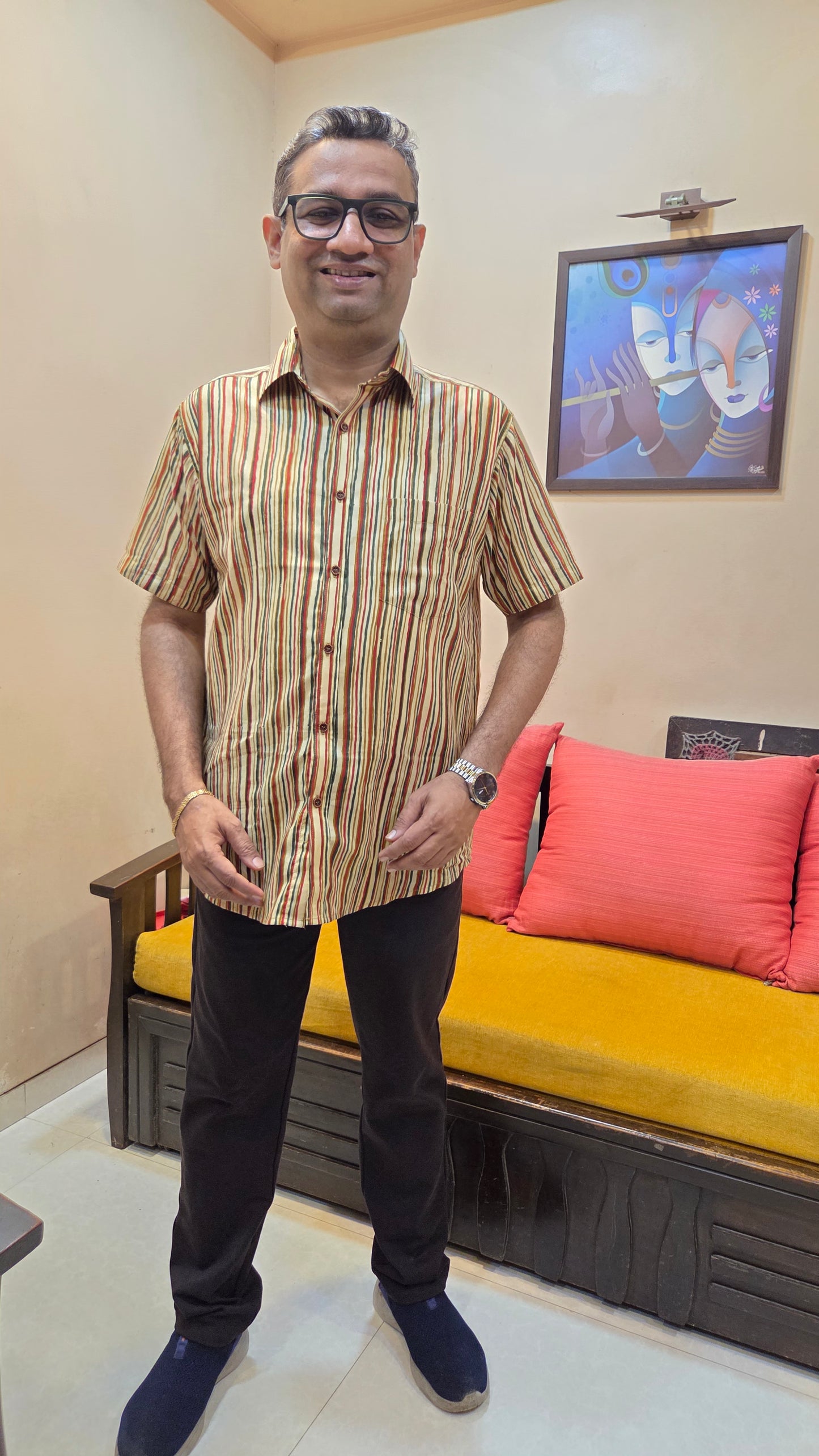 Father MultiLine Color Vertical Half Shirt in Cotton