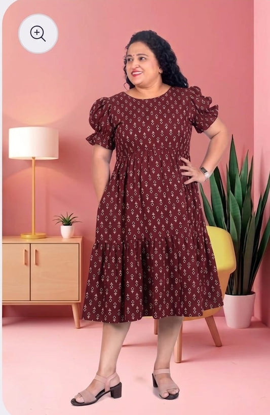 Mother Maroon Color Fugga Sleeves Dress in Cotton