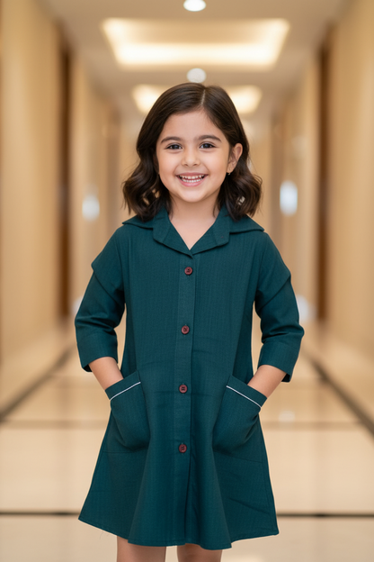 Daughter Bottle Green Color Vertical Shirt Dress in Cotton