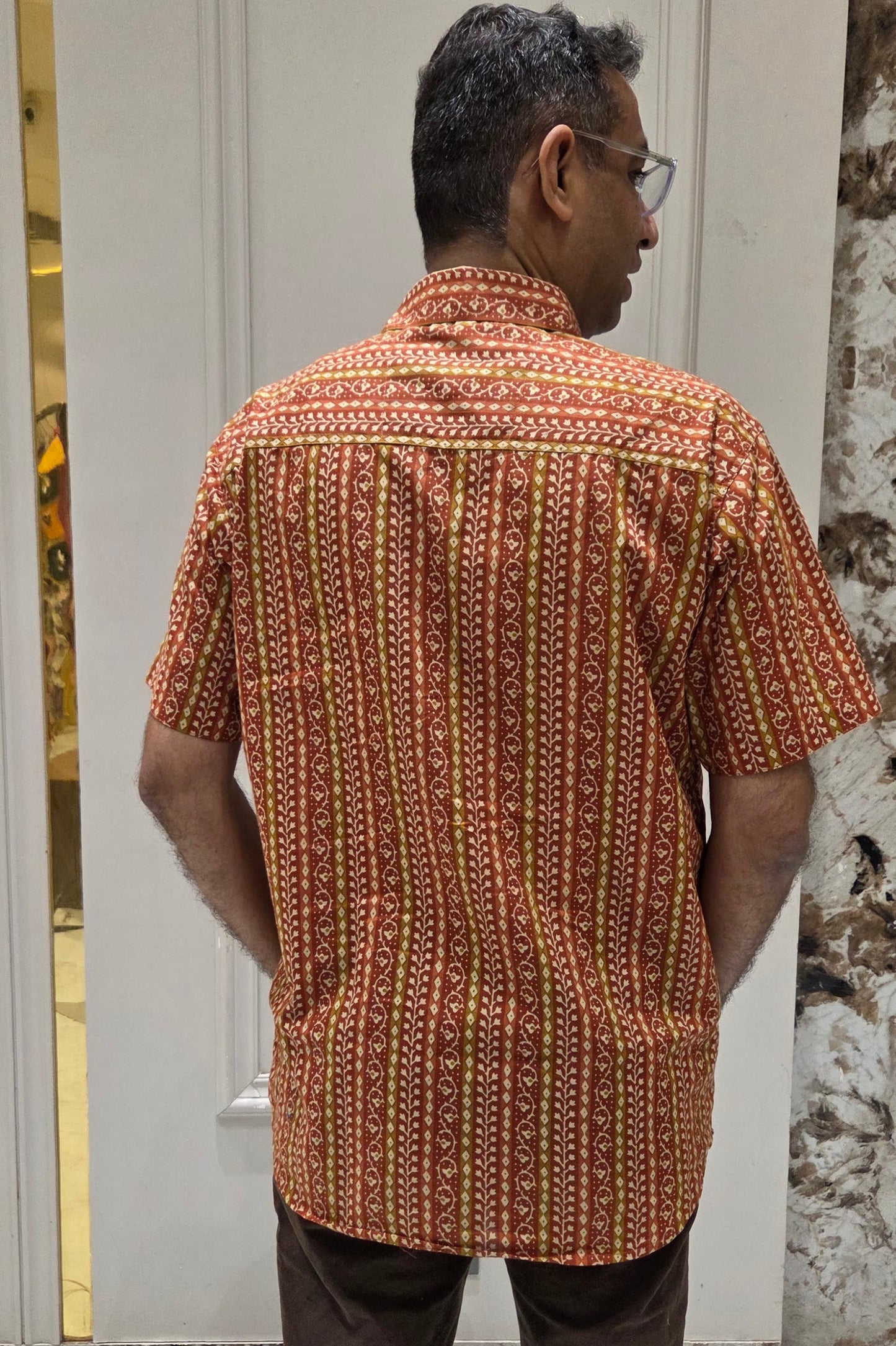 Father Rust Color Vertical Design Half Shirt in Cotton