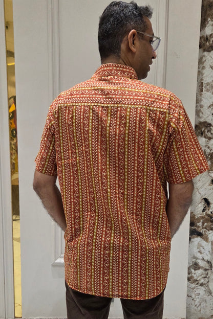 Father Rust Color Vertical Design Half Shirt in Cotton