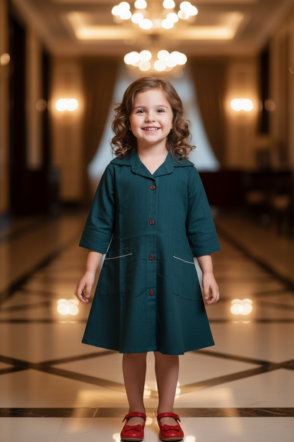 Daughter Bottle Green Color Vertical Shirt Dress in Cotton
