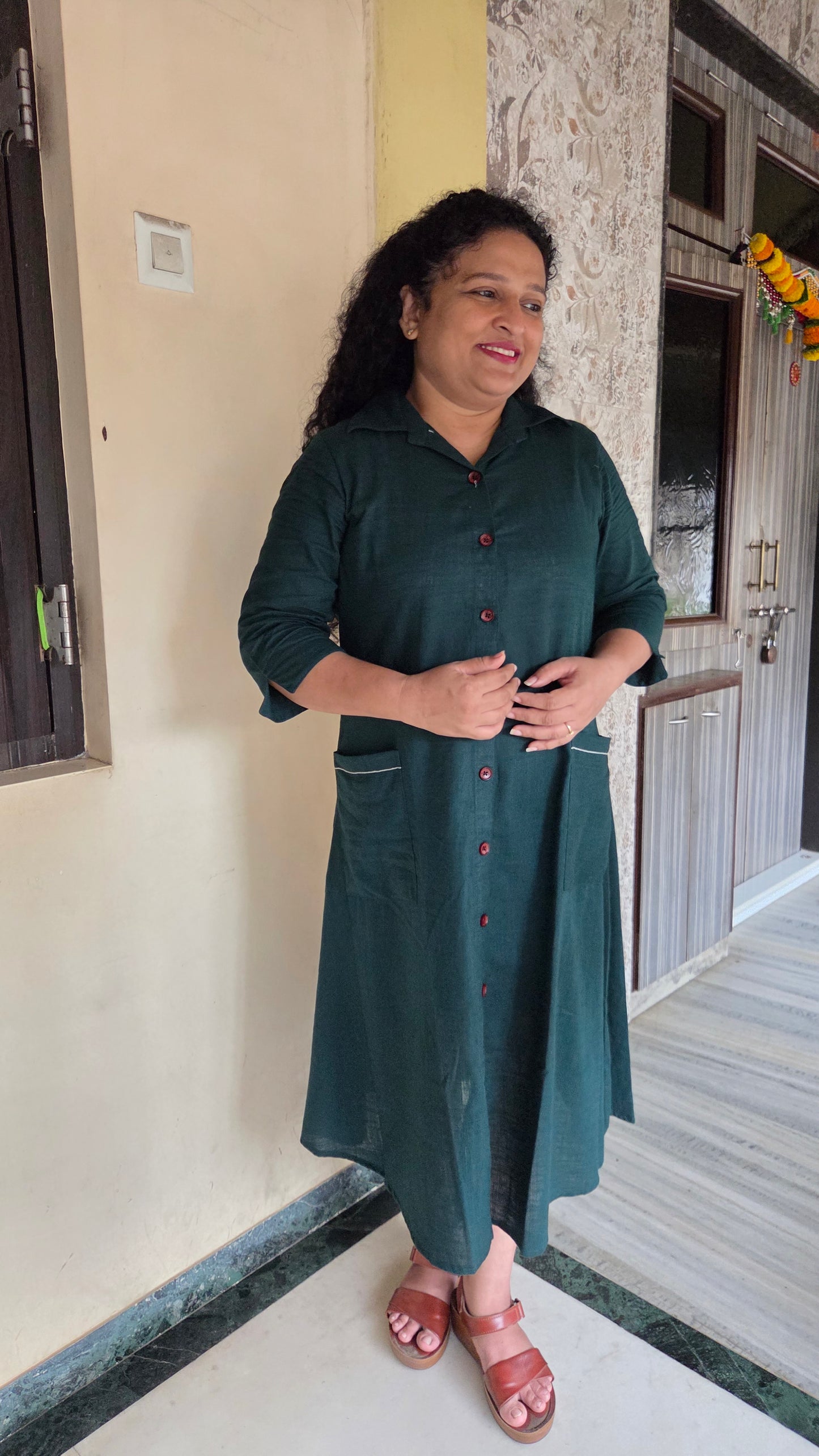 Mother Plain Bottle Green Shirt Dress in Cotton