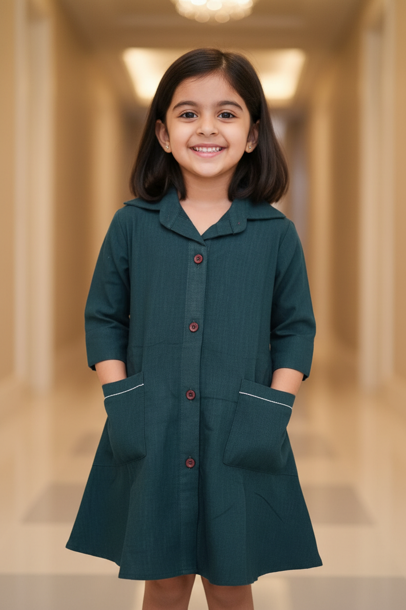 Daughter Bottle Green Color Vertical Shirt Dress in Cotton