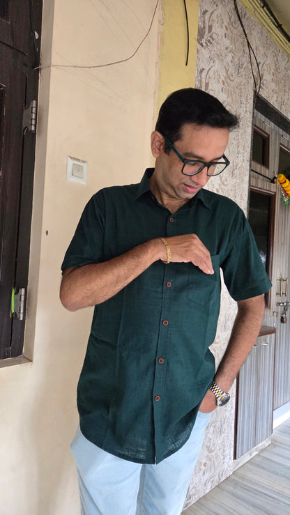 Father Bottle Green Color Half Shirt in Cotton