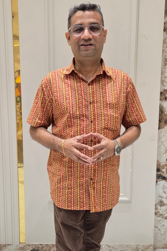 Father Rust Color Vertical Design Half Shirt in Cotton