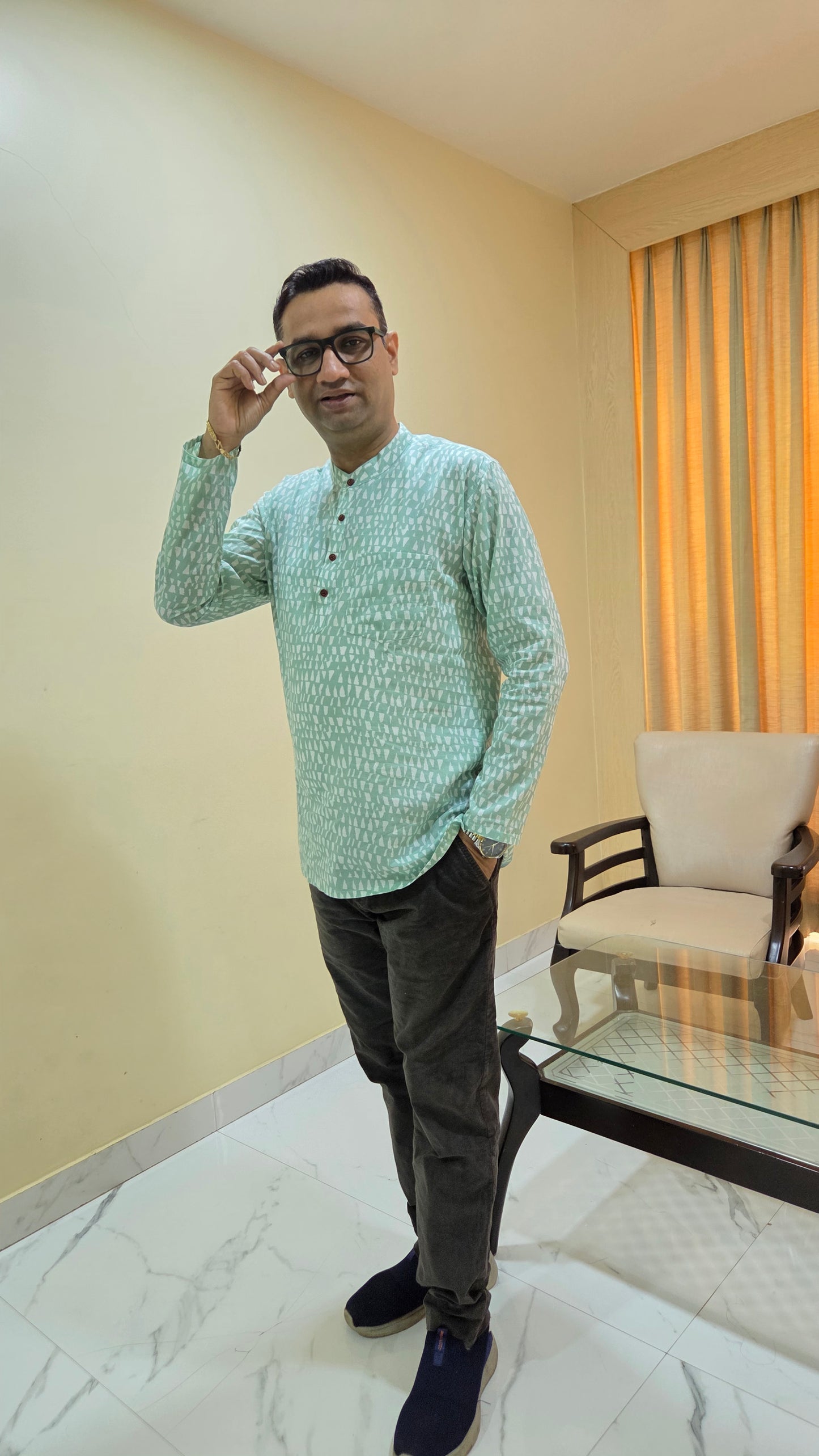 Father Light Green Color Kurta Shirt Full Hand in Cotton