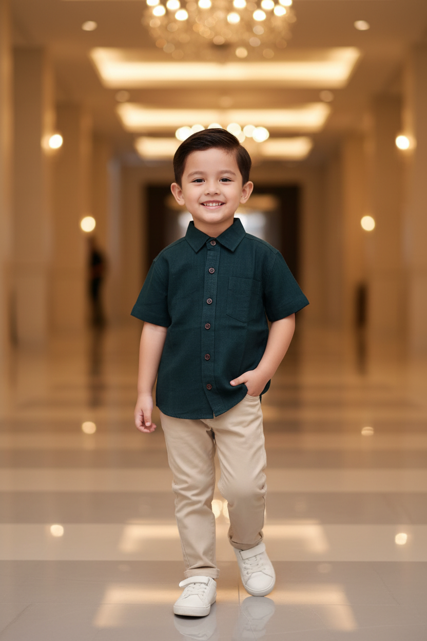 Son Bottle Green Color Color Vertical Shirt in Cotton