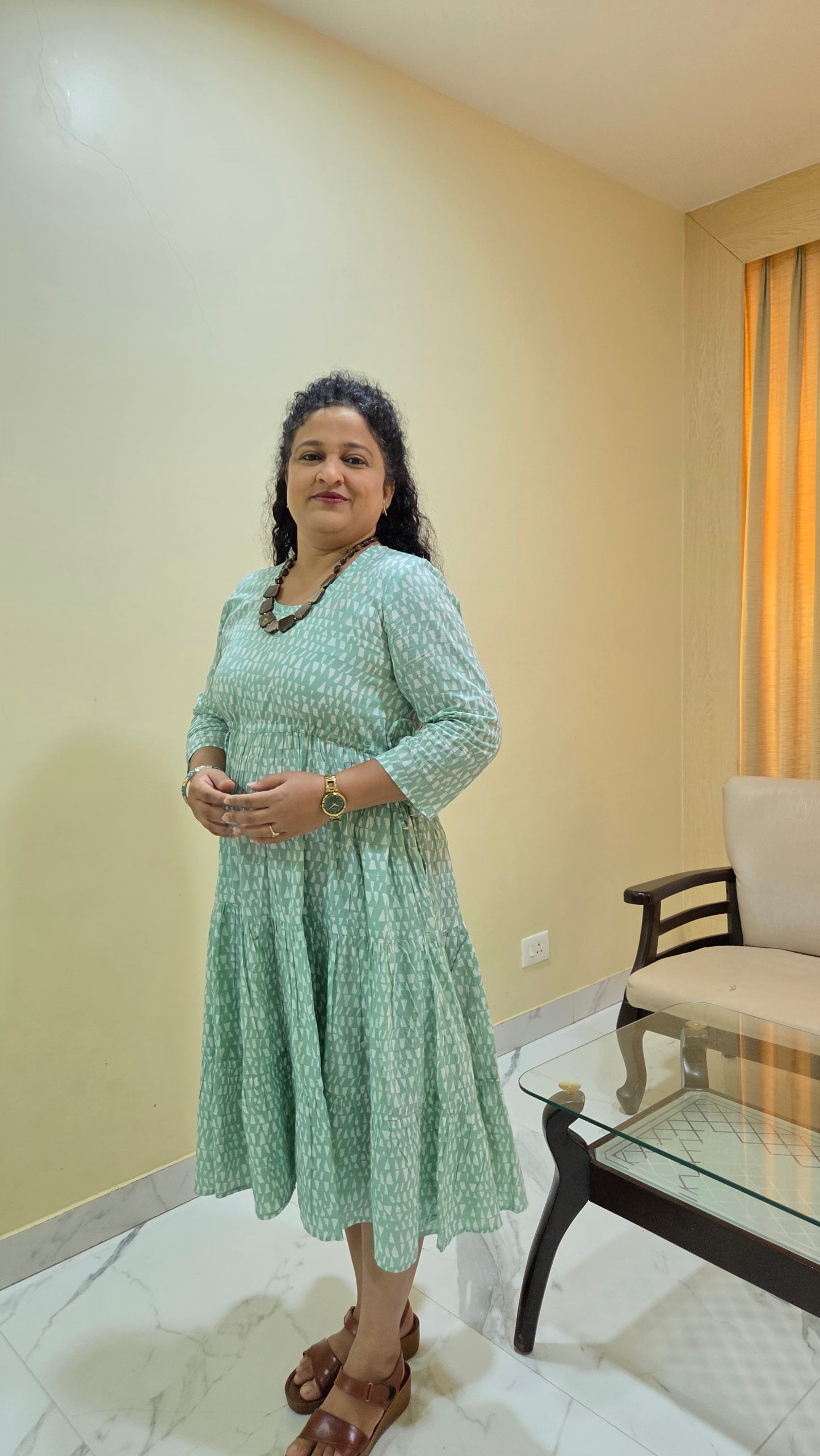 Mother Light Green Color Nadi Dress in Cotton